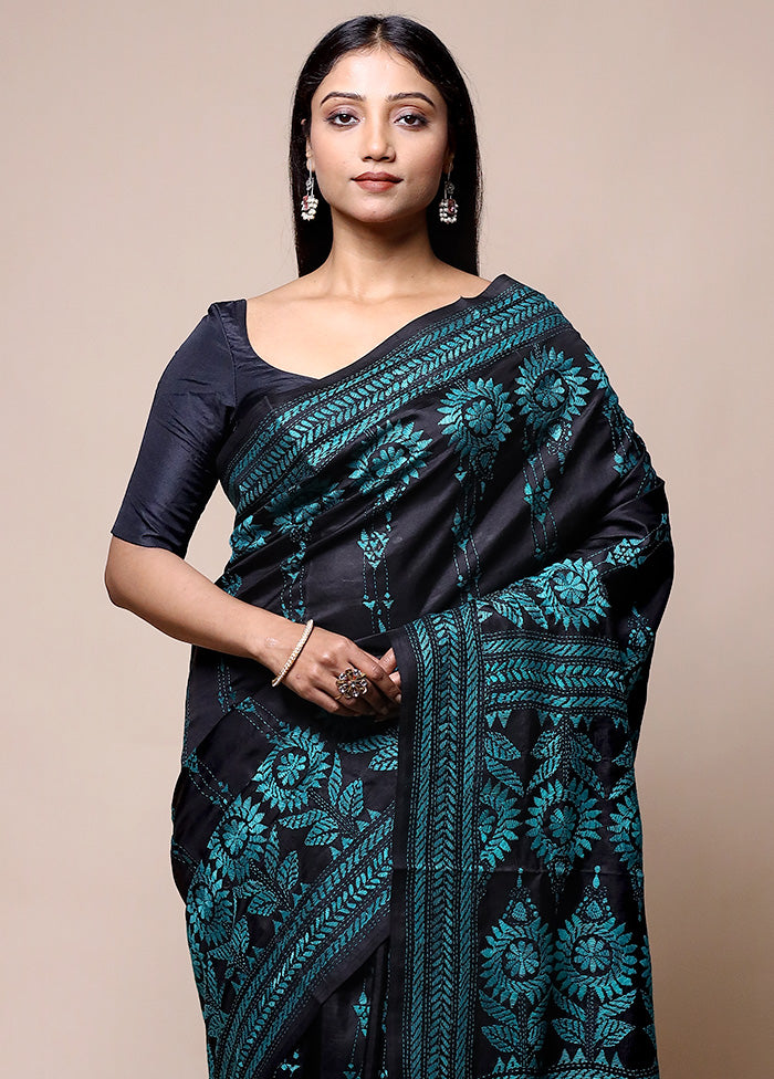 Black Handloom Kantha Stitch Pure Silk Saree With Blouse Piece Discount Low Shipping Fee