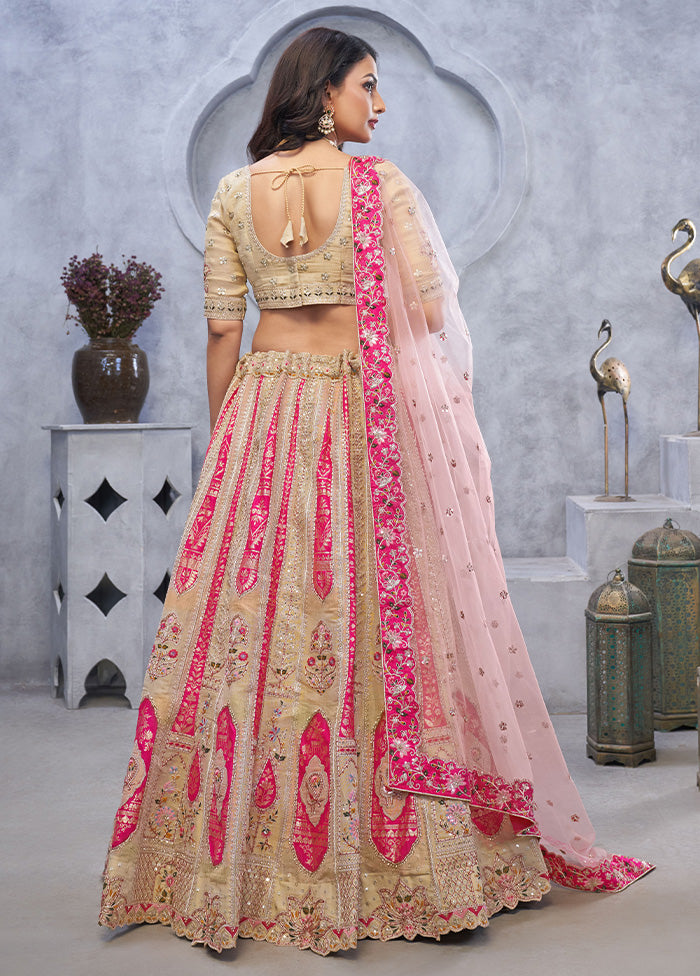 3 Pc Beige Silk Semi Stitched Lehenga Set Outlet Cheap Pice