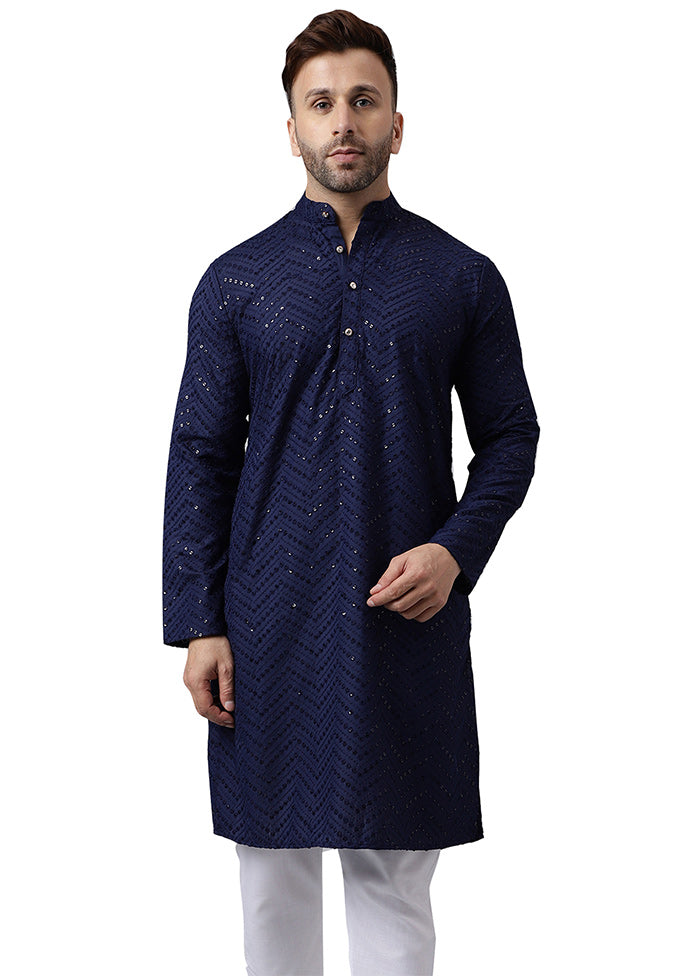 Navy Blue Silk Embroidered Kurta Cheap Sale With Paypal