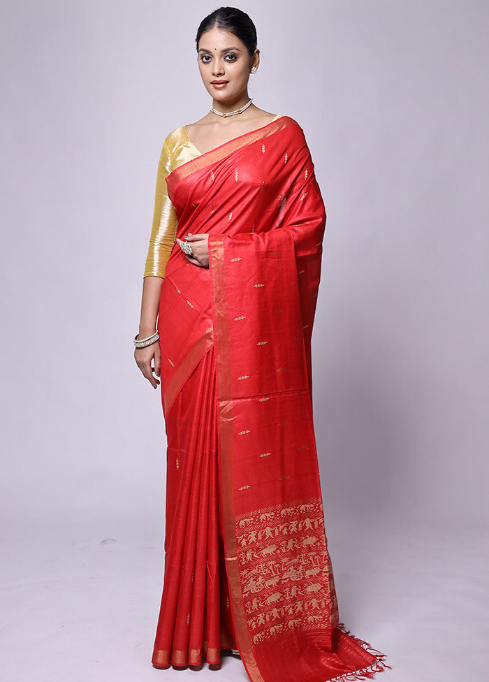 Red Handloom Tussar Pure Silk Saree With Blouse Piece For Nice Online