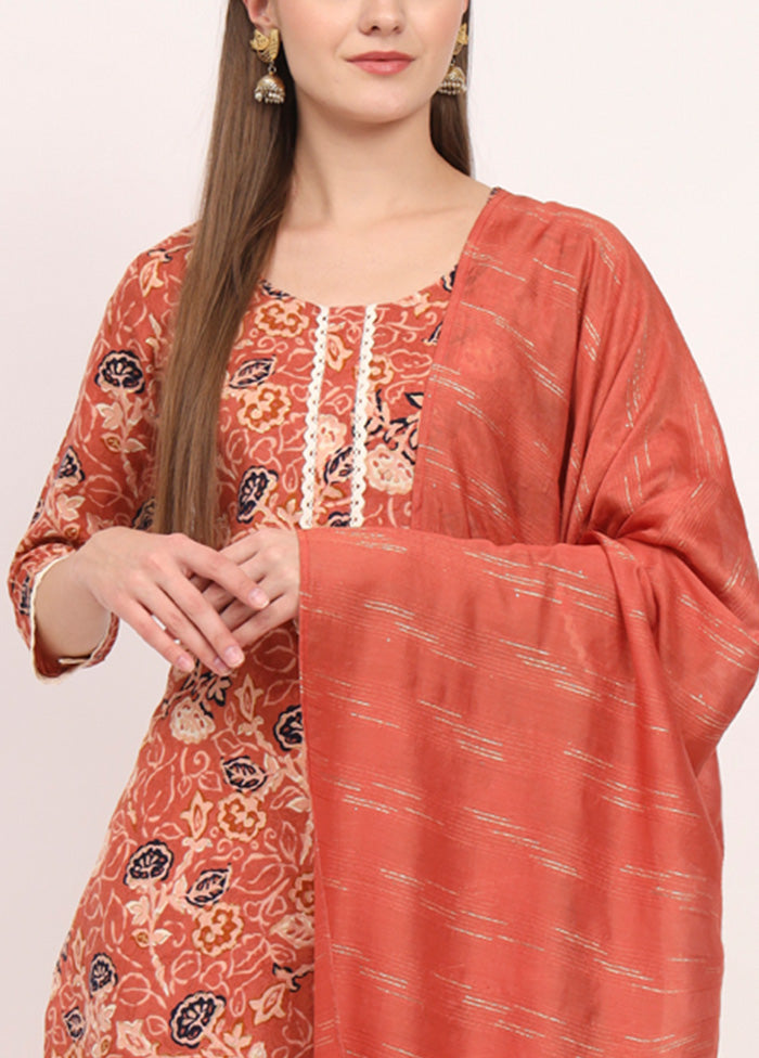 3 Pc Orange Readymade Cotton Dupatta Suit Set Outlet Low Pice