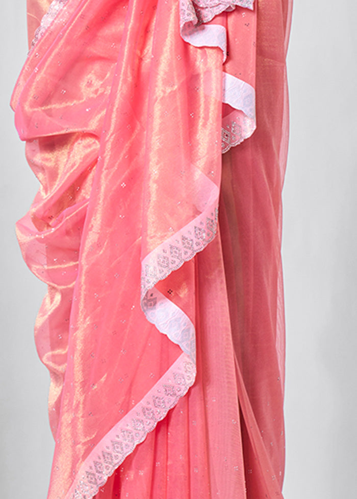 Pink Net Saree With Blouse Piece Cheap Sale Free Shipping