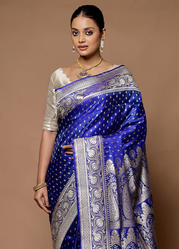 Blue Handloom Banarasi Pure Silk Saree With Blouse Piece Free Shipping Reliable