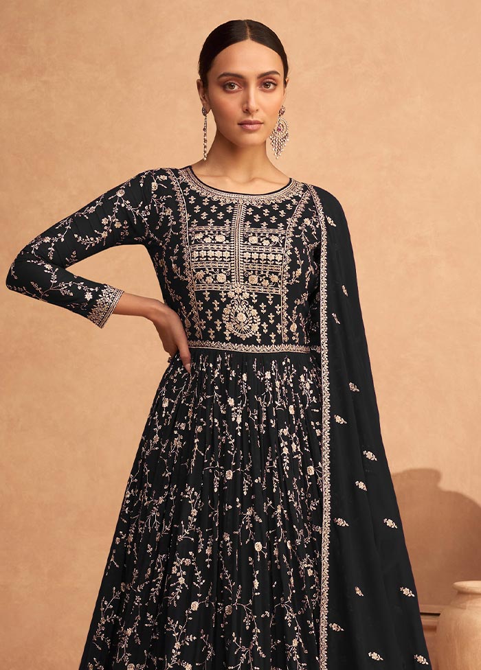 3 Pc Black Semi Stitched Georgette Suit Set Sale Shop Offer