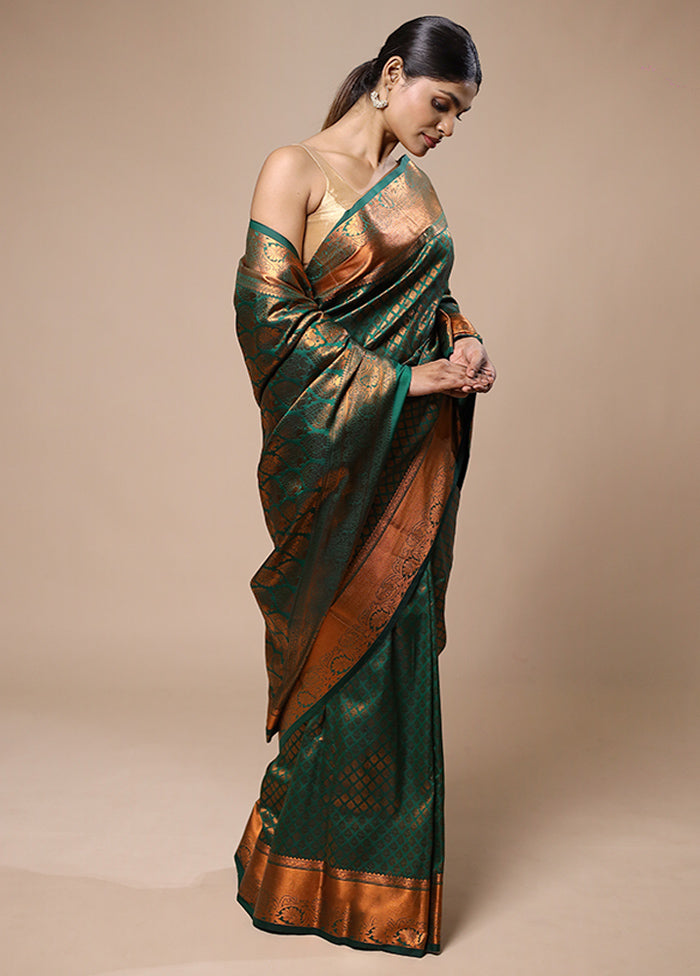 Green Kanjivaram Silk Saree With Blouse Piece Discount Fast Delivery