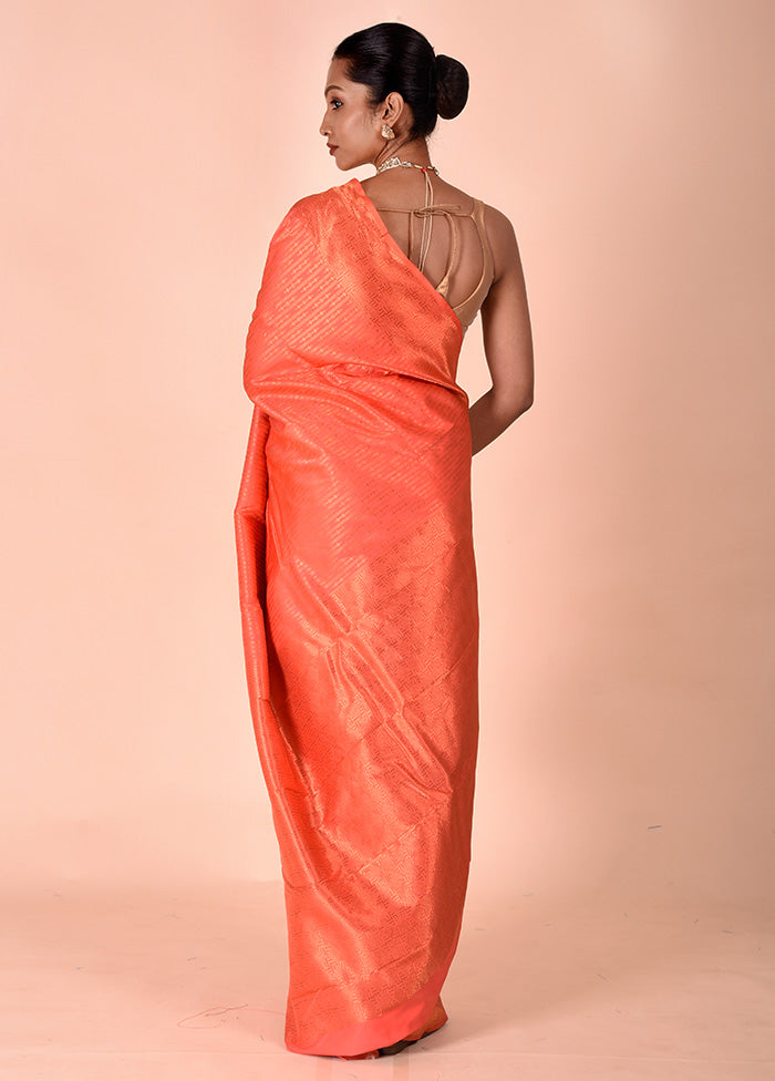 Orange Handloom Kanjivaram Pure Silk Saree With Blouse Piece Fashion Style For Sale