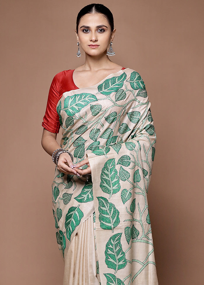 Cream Handloom Kantha Stitch Pure Silk Saree With Blouse Piece Free Shipping Comfortable