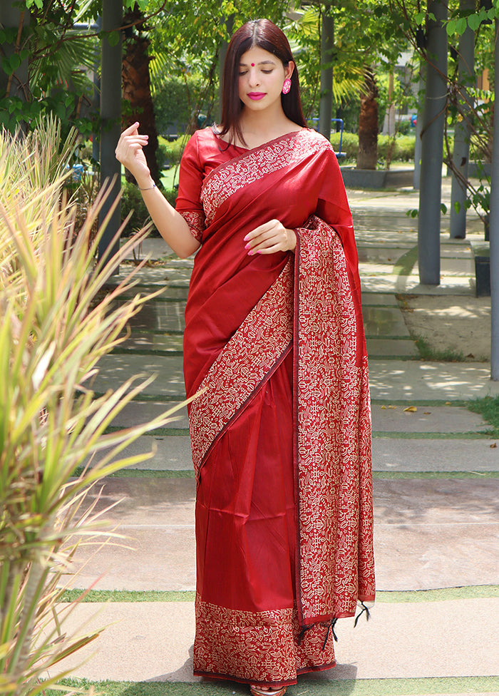 Red Spun Silk Saree With Blouse Piece Reliable For Sale