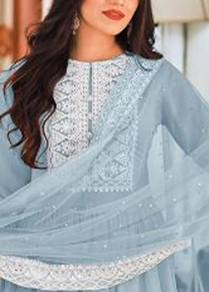 3 Pc Sky Blue Semi Stitched Georgette Suit Set Enjoy Cheap Online