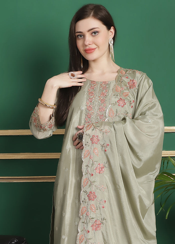 3 Pc Olive Green Unstitched Silk Suit Set Best Sale Online