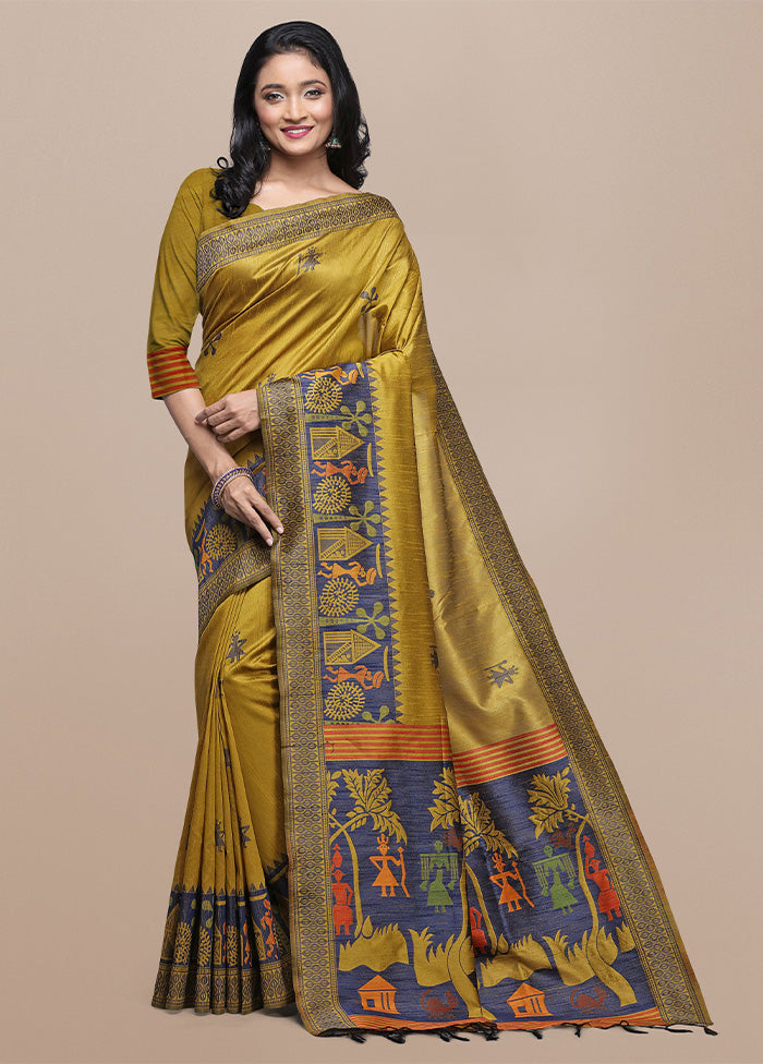 Yellow Spun Silk Saree With Blouse Piece Cheap Sale Low Pice