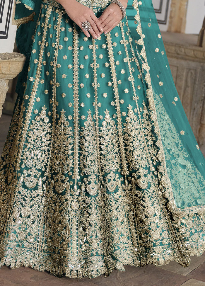 3 Pc Sea Green Net Semi Stitched Lehenga Set Sale Nicekicks