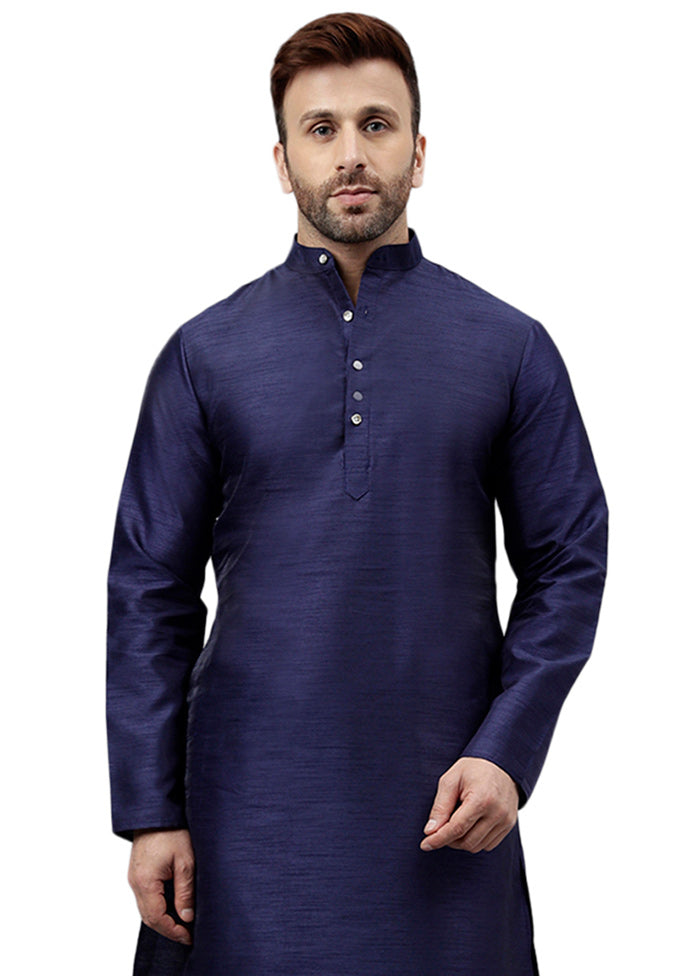 Navy Blue Dupion Silk Solid Kurta Pictures Online