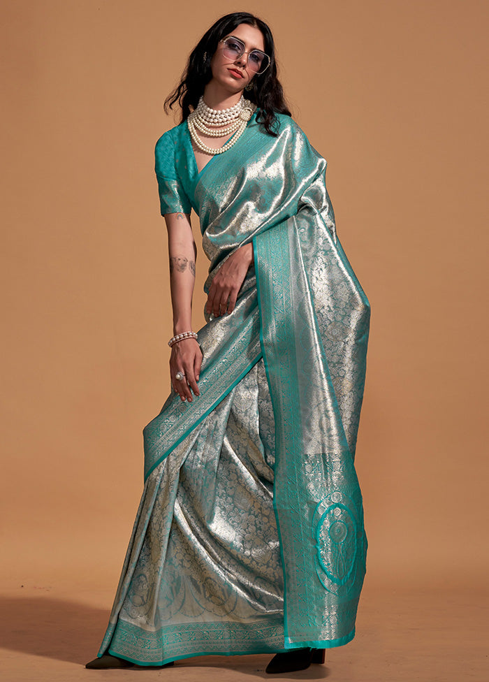 Rama Kanjivaram Silk Saree With Blouse Piece Clearance With Credit Card