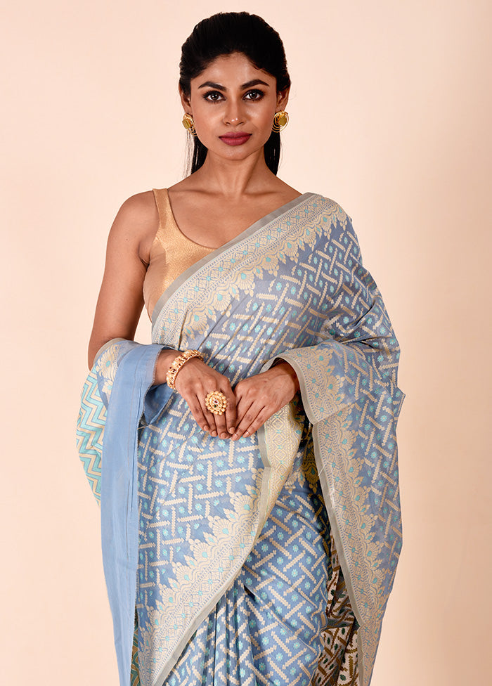 Blue Kora Silk Saree With Blouse Piece Brand New Unisex Cheap Online