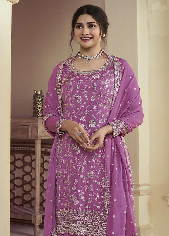 3 Pc Pink Semi Stitched Silk Suit Set Buy Cheap Big Discount