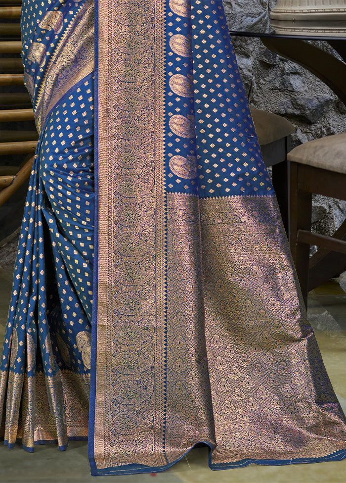 Blue Spun Silk Saree With Blouse Piece In China