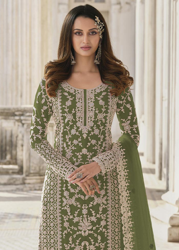 3 Pc Green Semi Stitched Net Suit Set Big Sale Cheap Online