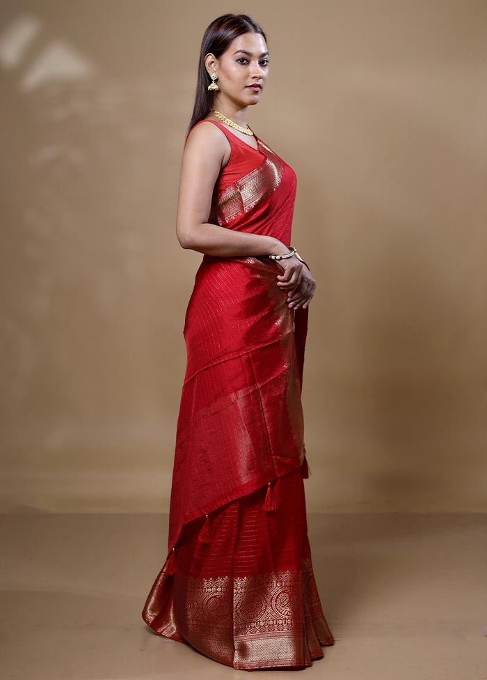 Red Dupion Silk Saree With Blouse Piece Buy Cheap Footlocker