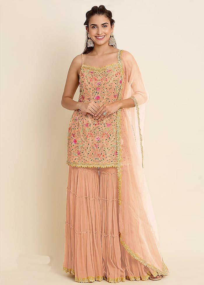 3 Pc Peach Semi Stitched Georgette Suit Set Outlet Order