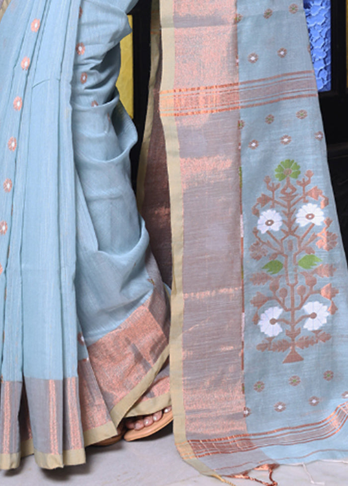 Sky Blue Pure Cotton Saree With Blouse Piece Sale Visa Payment