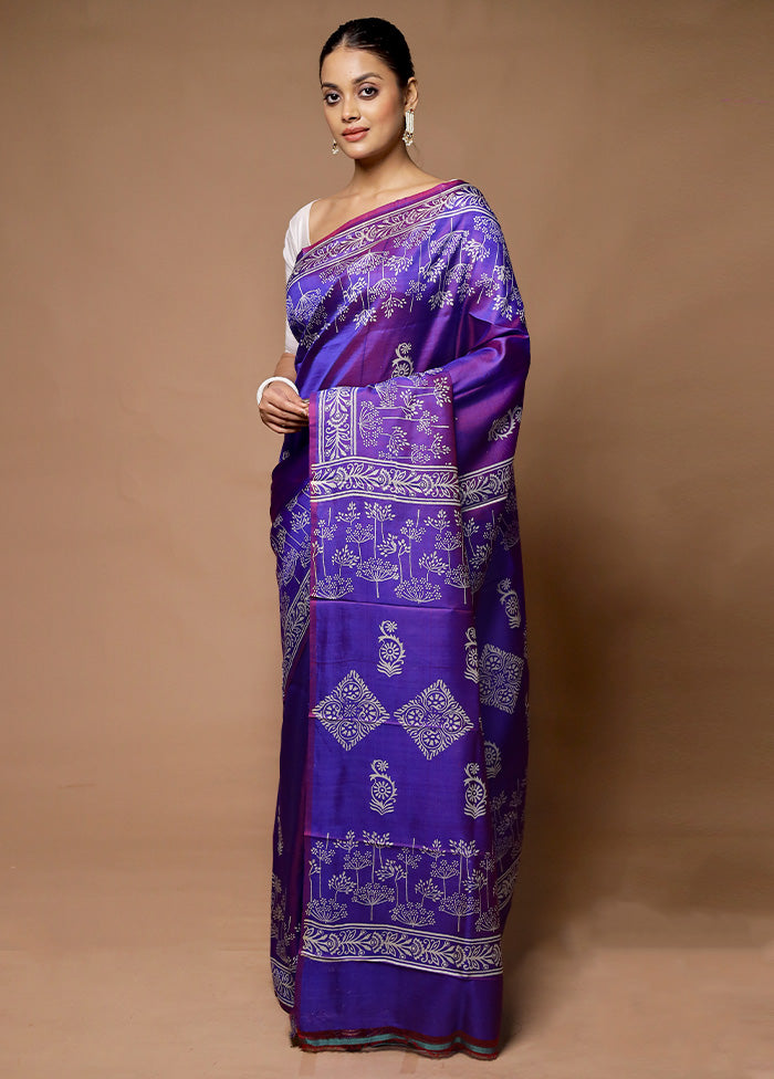 Purple Printed Pure Silk Saree Without Blouse Piece Clearance Visit New