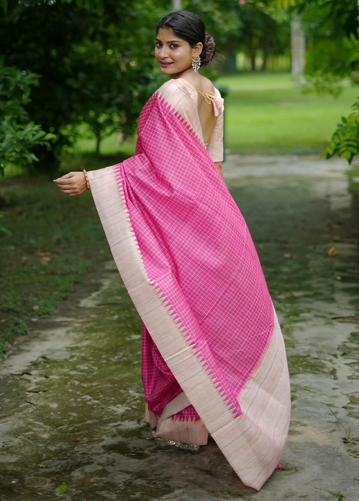 Pink Tussar Silk Saree With Blouse Piece Visit New Sale Online