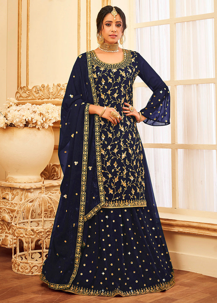 3 Pc Navy Blue Semi Stitched Georgette Suit Set Free Shipping