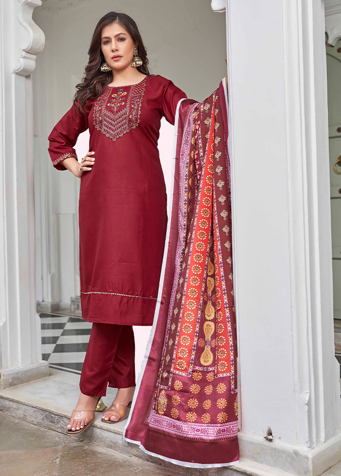 3 Pc Maroon Readymade Cotton Dupatta Suit Set Perfect Cheap Online