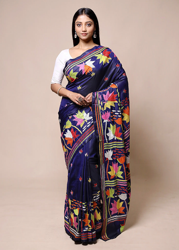 Blue Kantha Stitch Silk Saree With Blouse Piece Outlet Affordable