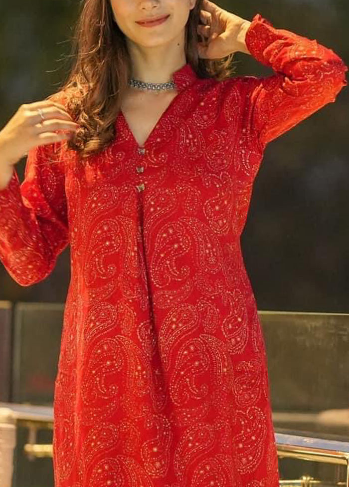 2 Pc Red Pure Readymade Silk Kurti Set Cheap Shop