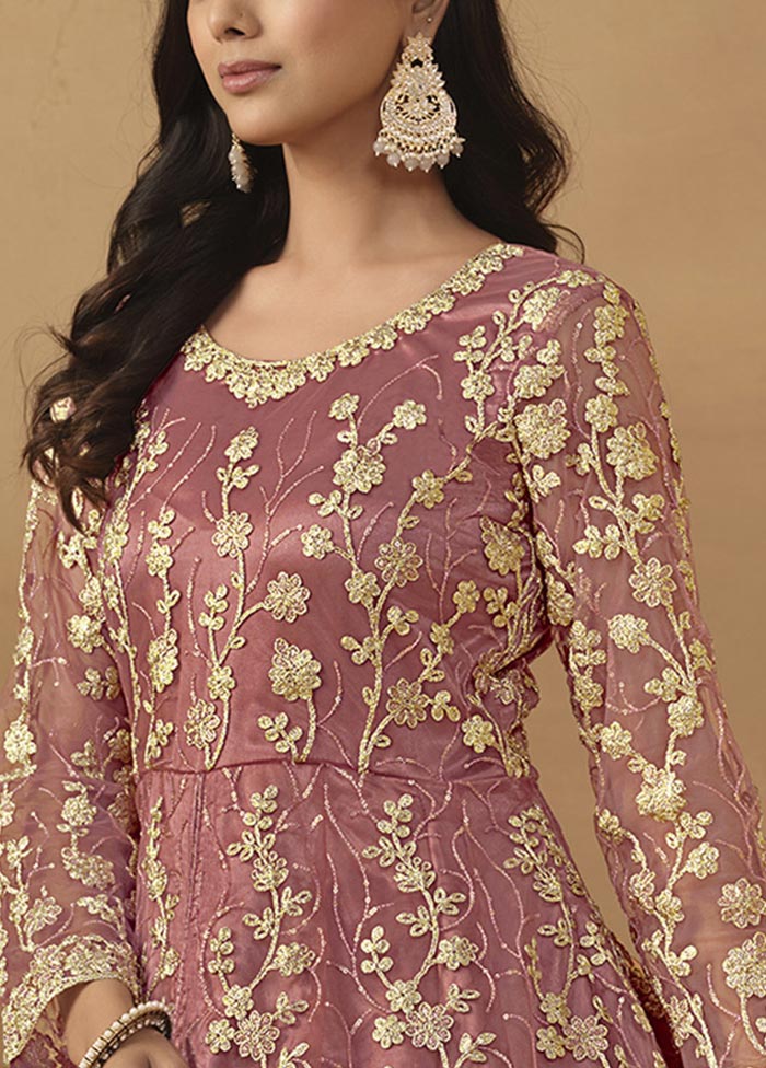 3 Pc Pink Semi Stitched Net Suit Set Clearance Extremely