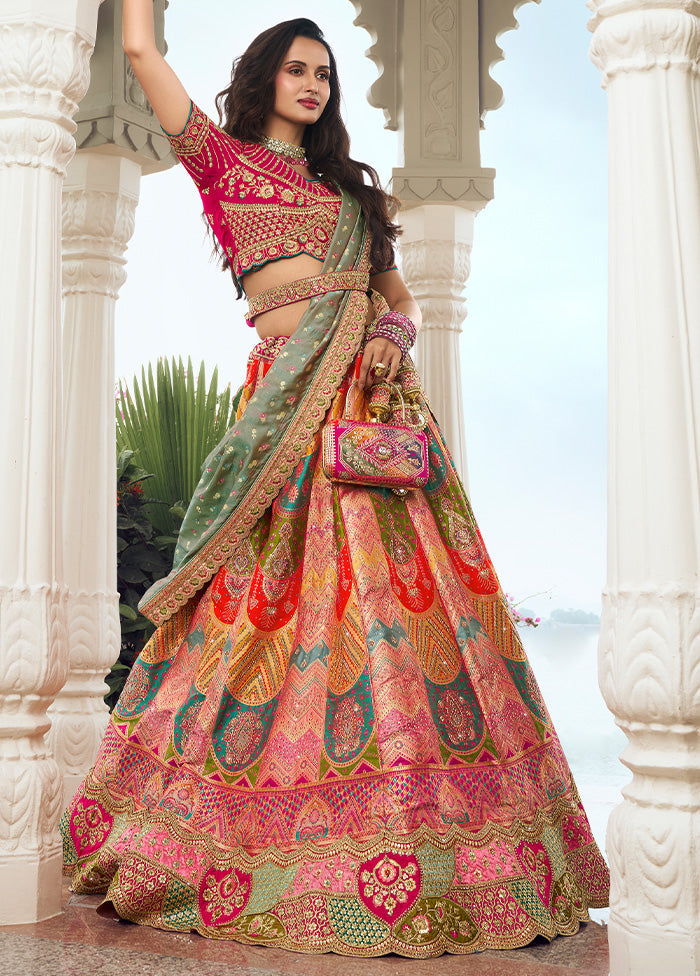 3 Pc Multicolor Silk Semi Stitched Lehenga Set Cheap Fashion Style