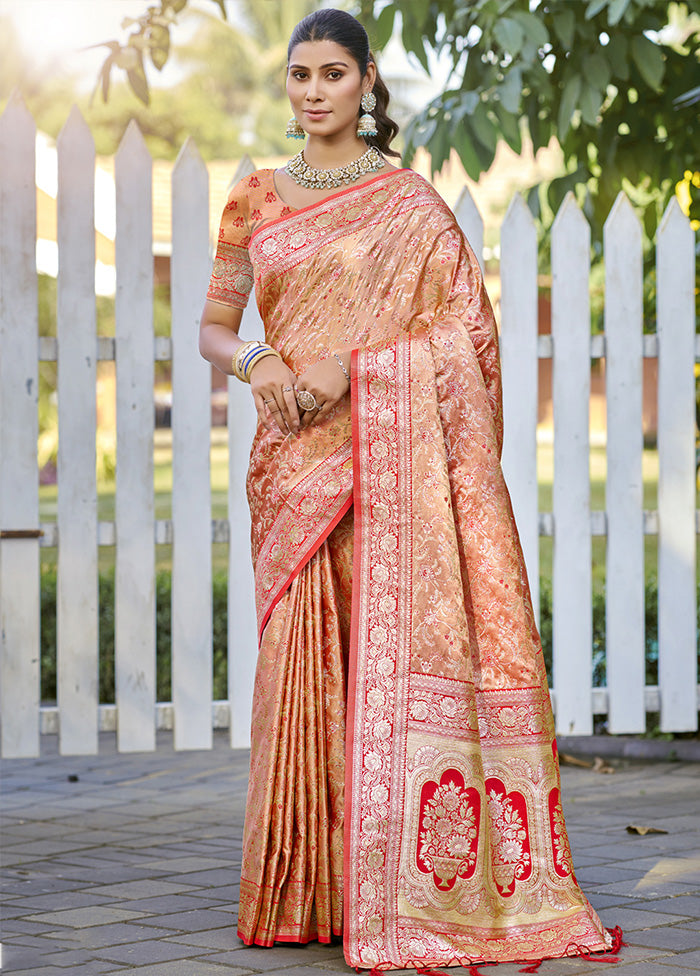 Peach Spun Silk Saree With Blouse Piece Safe Shopping Cheap Online