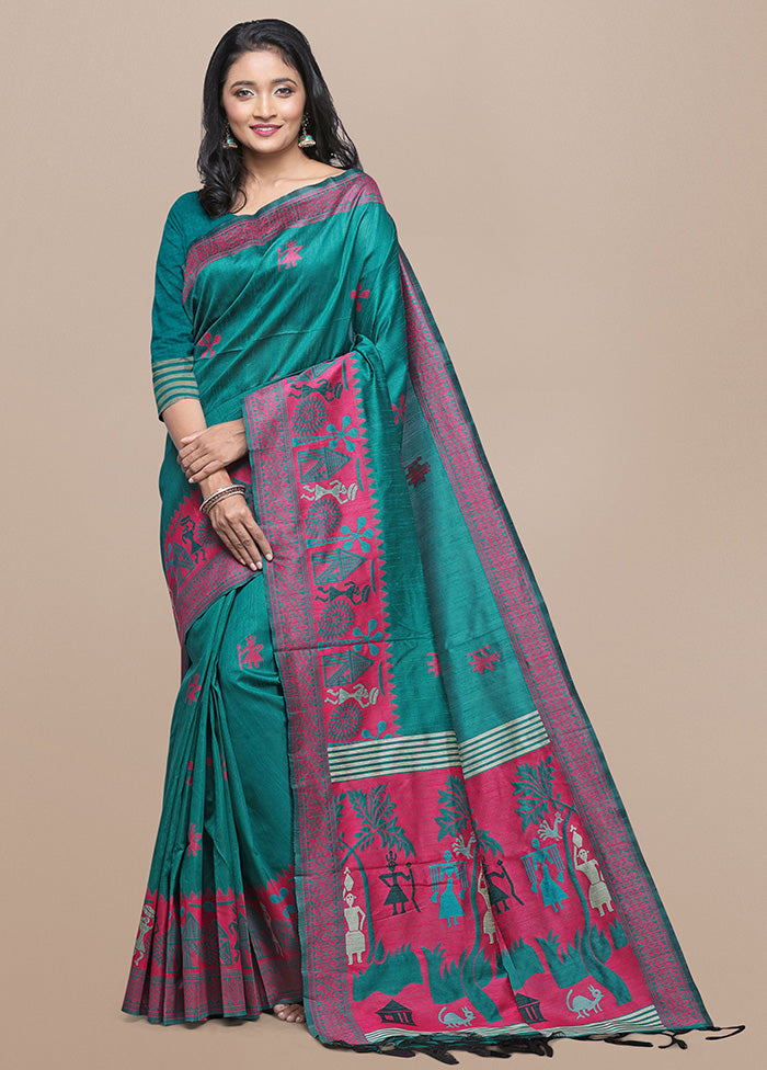 Rama Spun Silk Saree With Blouse Piece Pices Online