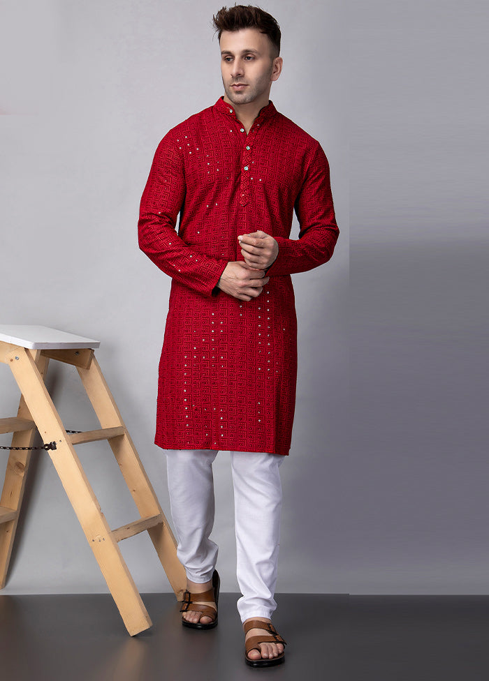 2 Pc Red Viscose Kurta Pajama Set Outlet Geniue Stockist