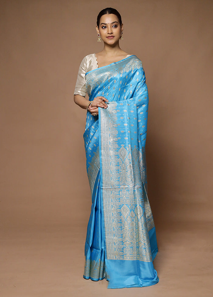 Blue Handloom Banarasi Pure Silk Saree With Blouse Piece Outlet Deals