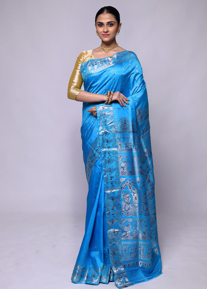 Blue Handloom Baluchari Pure Silk Saree With Blouse Piece Sale Genuine