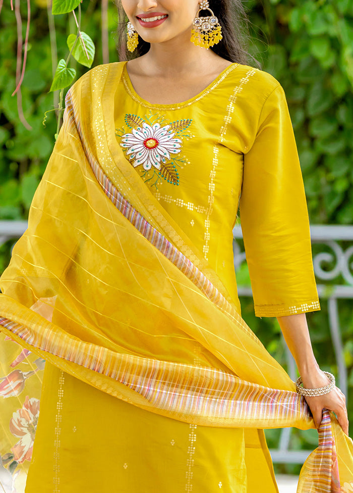 3 Pc Yellow Readymade Silk Suit Set Cheap Pice Buy Discount