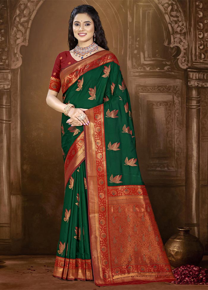 Bottle Green Dupion Silk Saree With Blouse Piece Cheap Original