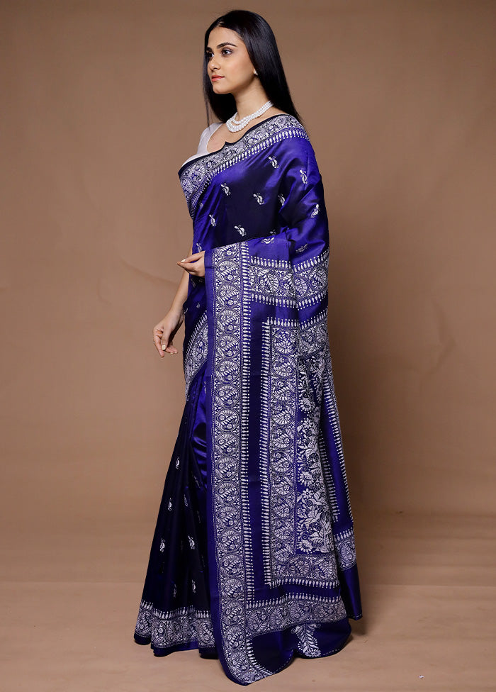 Blue Handloom Kantha Stitch Pure Silk Saree With Blouse Piece Low Pice Fee Shipping Cheap Online