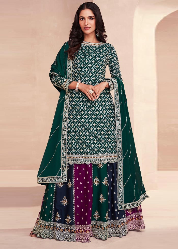 3 Pc Green Semi Stitched Silk Suit Set Free Shipping Factory Outlet