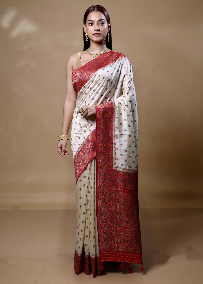 Cream Dupion Silk Saree With Blouse Piece For Sale