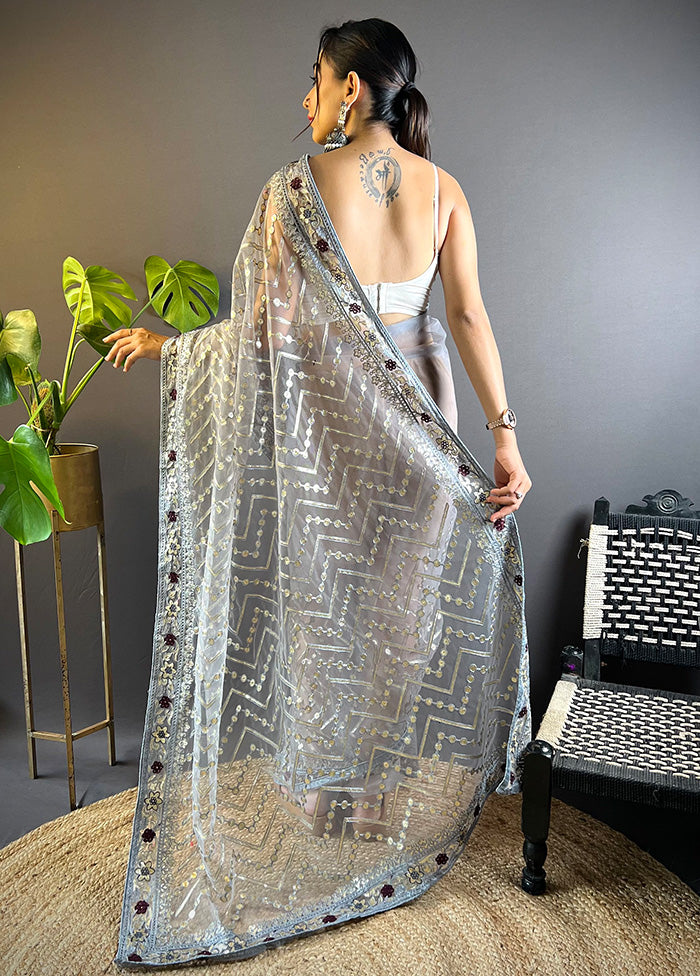 Grey Net Net Saree With Blouse Piece Footlocker Pictures Sale Online