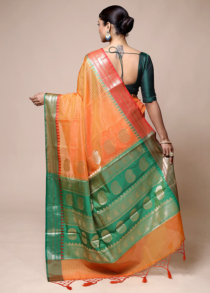 Orange Kota Cotton Saree With Blouse Piece Fast Delivery Online