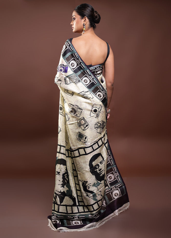 Cream Printed Pure Silk Saree Without Blouse Piece Cheap Sale Discounts