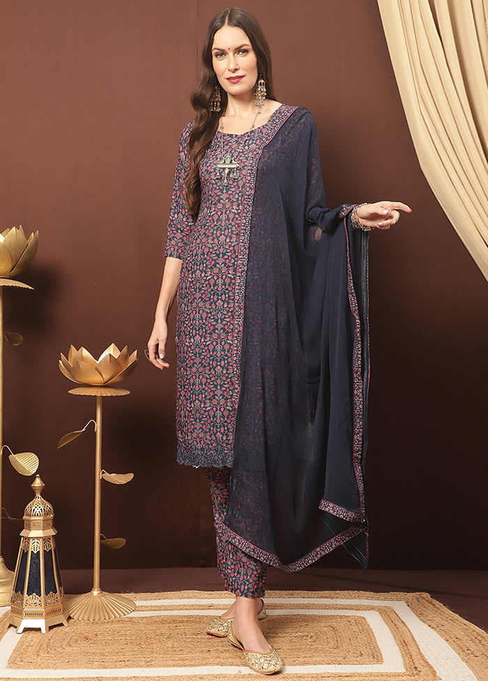 3 Pc Navy Blue Unstitched Cotton Suit Set Cheap New Arrival