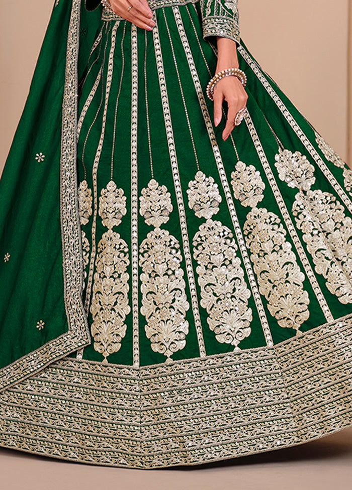 3 Pc Green Silk Semi Stitched Lehenga Set Sale Original