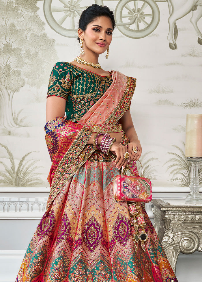 3 Pc Multicolor Silk Semi Stitched Lehenga Set Free Shipping Online