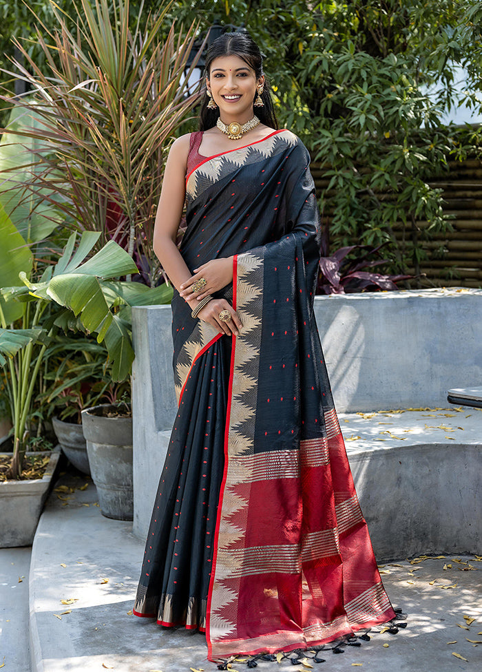 Black Tussar Silk Saree With Blouse Piece Sale Low Shipping Fee